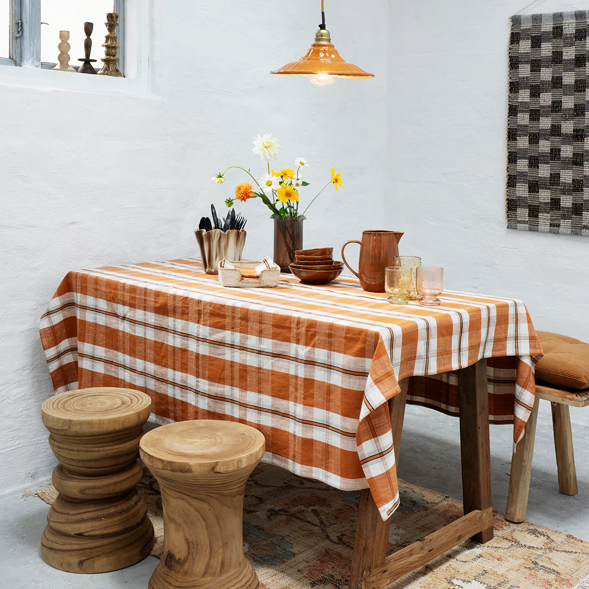 Checked Cotton Tablecloth - Pumpkin Spice 150x150 cm - Image 2