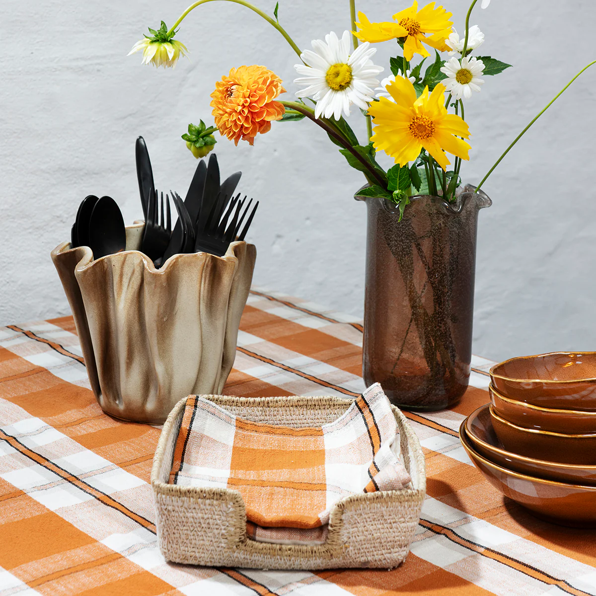 Checked Cotton Tablecloth - Pumpkin Spice 150x150 cm - Image 3