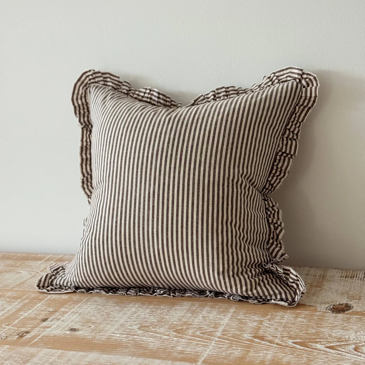 Darcy Ruffle Cotton Cushion 45x45 - Dark Brown Stripe - Image 3