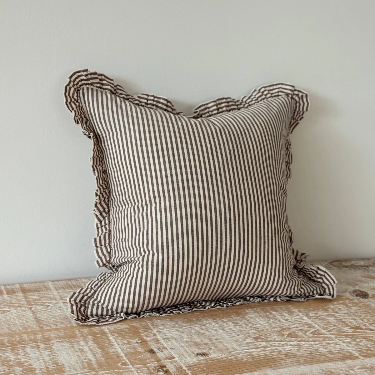 Darcy Ruffle Cotton Cushion 45x45 - Dark Brown Stripe - Image 4