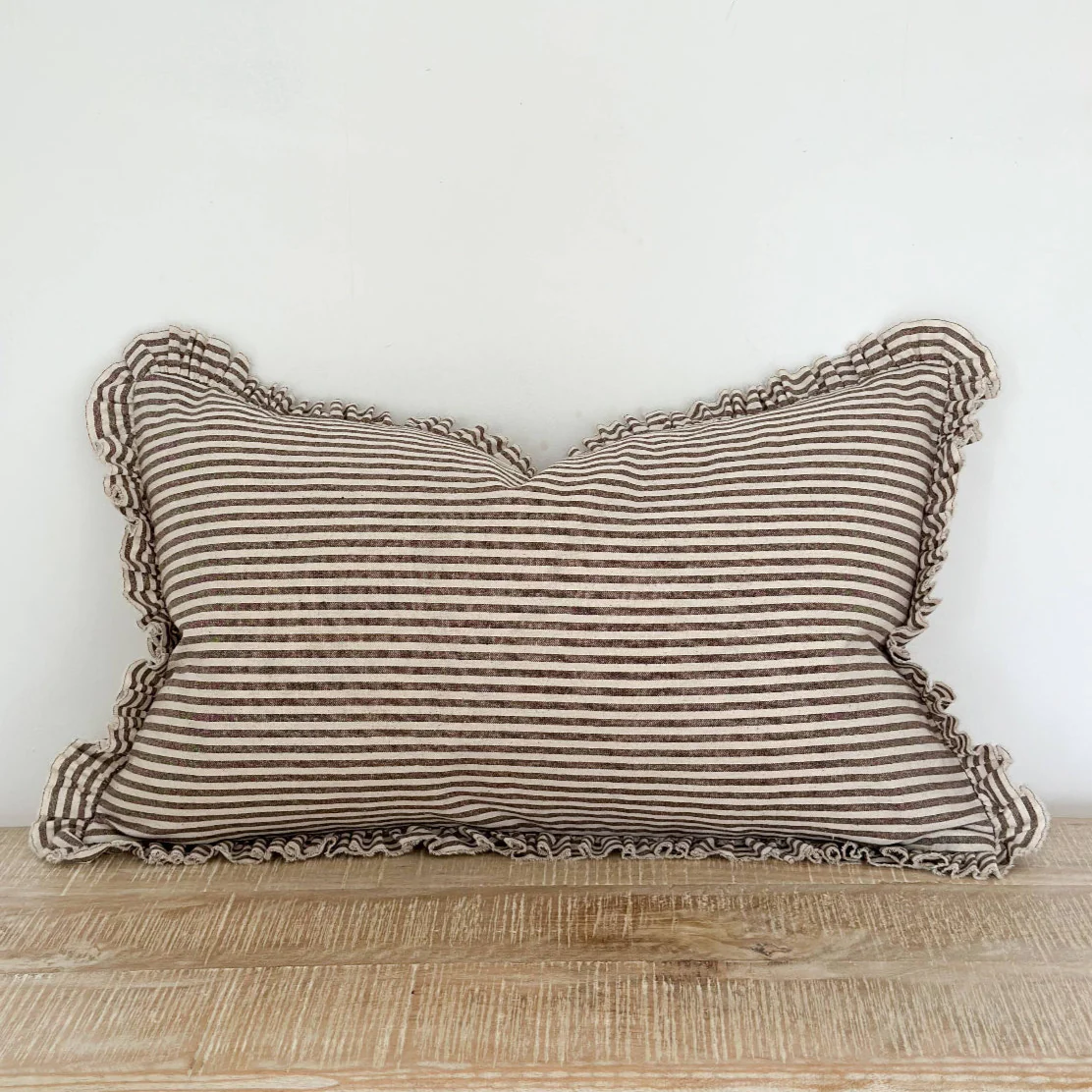 Darcy  Ruffle Cotton Cushion 50x30 – Dark Brown Stripe