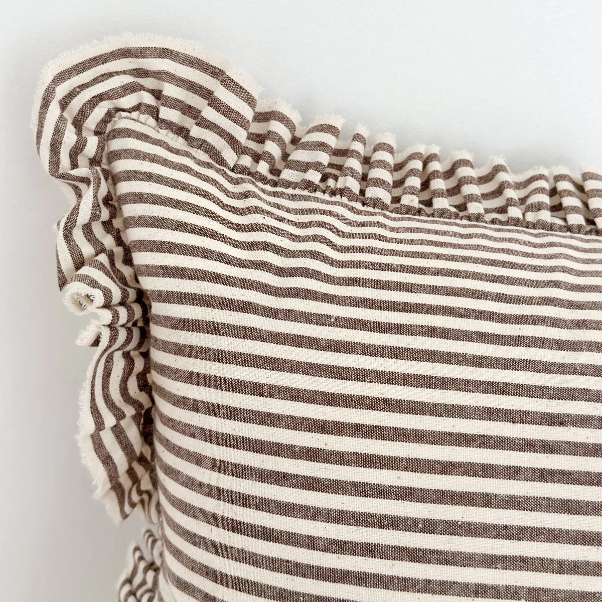 Darcy  Ruffle Cotton Cushion 50x30 – Dark Brown Stripe - Image 2