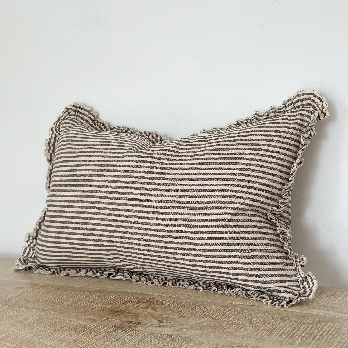 Darcy  Ruffle Cotton Cushion 50x30 – Dark Brown Stripe - Image 3