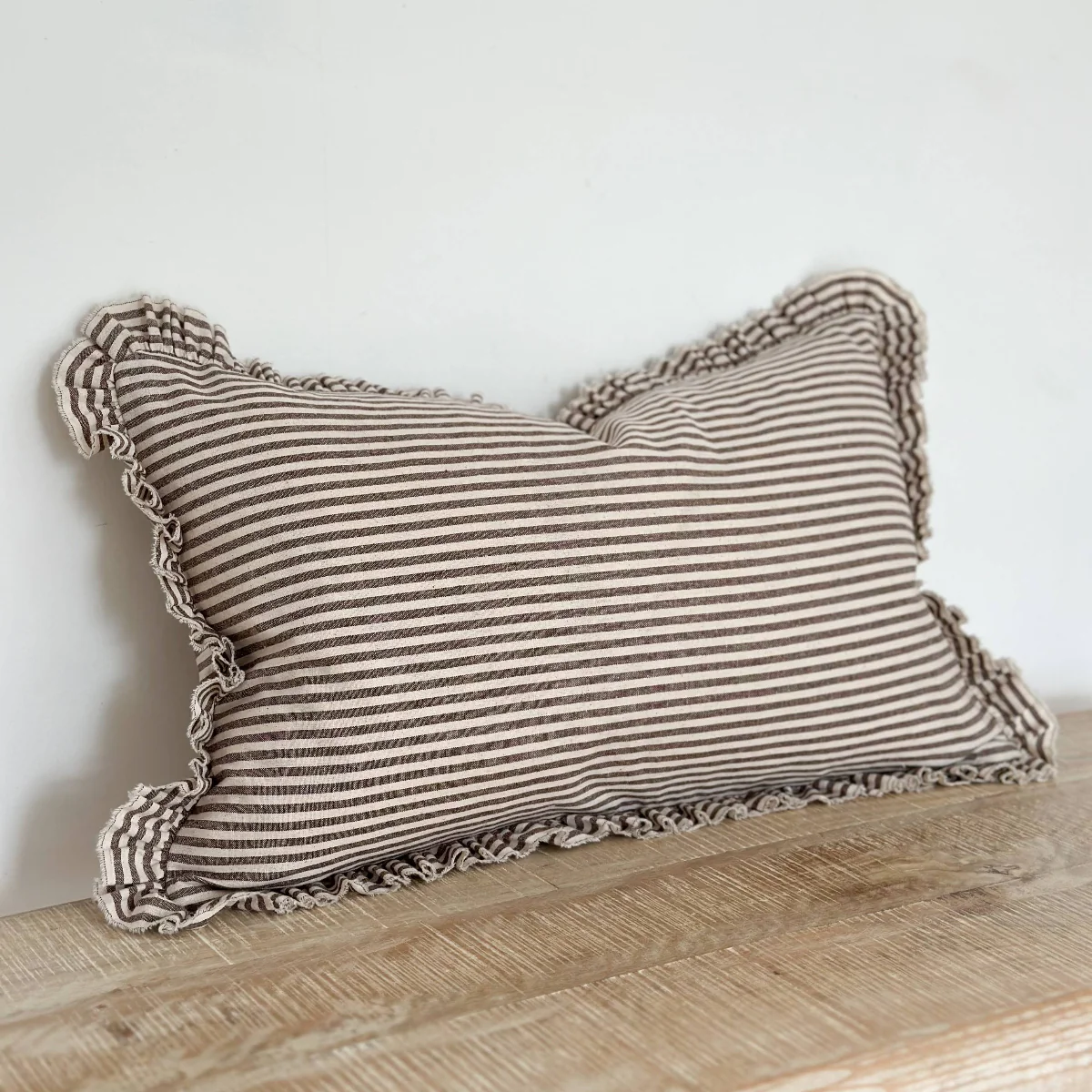 Darcy  Ruffle Cotton Cushion 50x30 – Dark Brown Stripe - Image 4