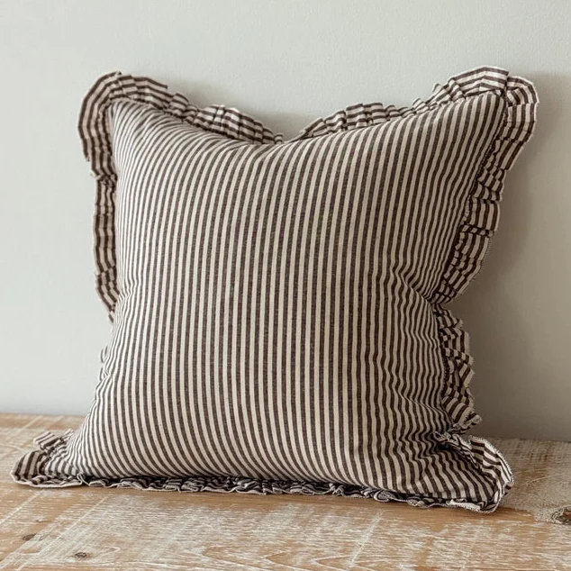 Darcy Ruffle Cotton Cushion 65x65 - Dark Brown Stripe - Image 2