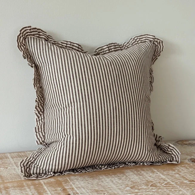 Darcy Ruffle Cotton Cushion 65x65 - Dark Brown Stripe - Image 3