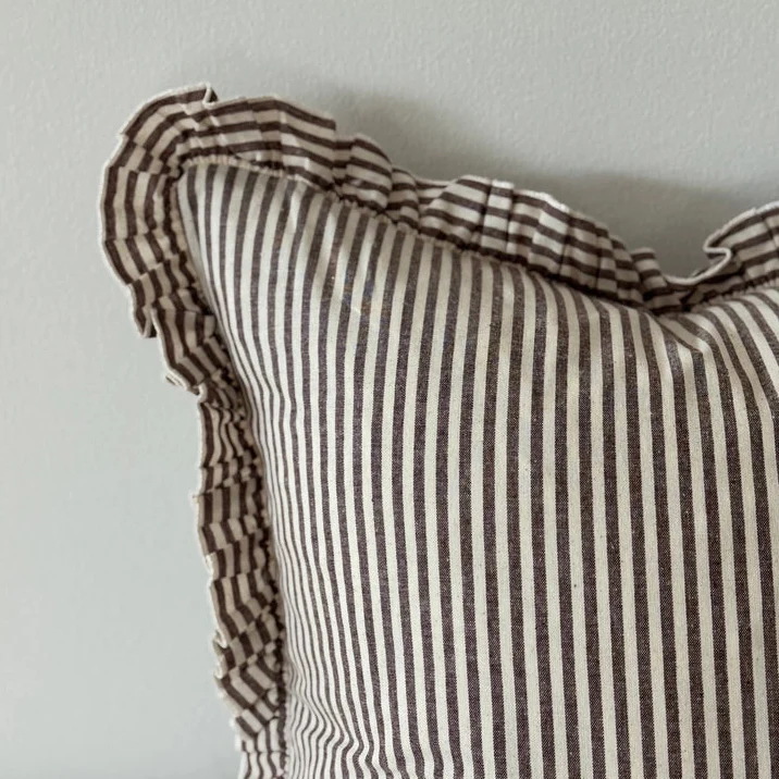 Darcy Ruffle Cotton Cushion 65x65 - Dark Brown Stripe - Image 4