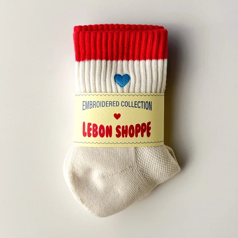 Embroidered Colour Block Girlfriend Socks Blue Red & Heart - Image 2