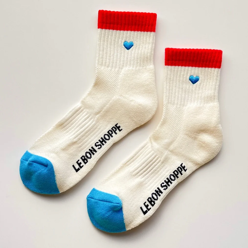 Embroidered Colour Block Girlfriend Socks Blue Red & Heart - Image 3