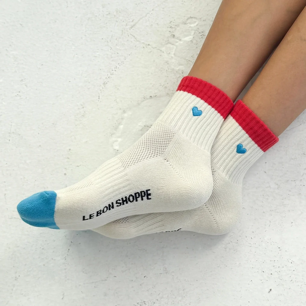 Embroidered Colour Block Girlfriend Socks Blue Red & Heart - Image 4
