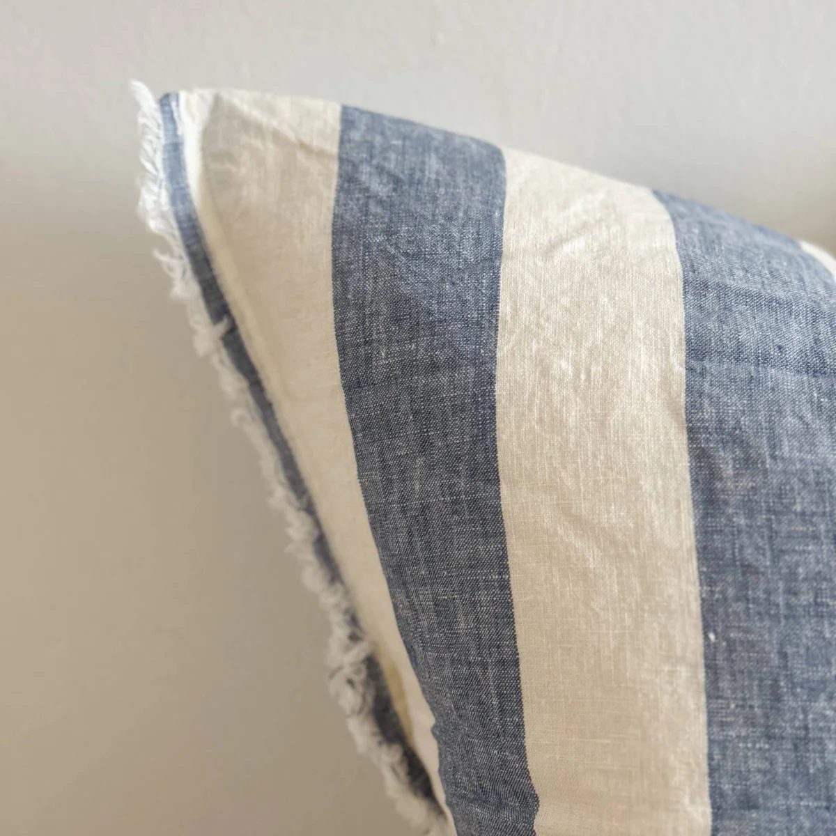 Esmee Fringed Linen Cushion Wide Blue Stripe 45 x 45 - Image 2