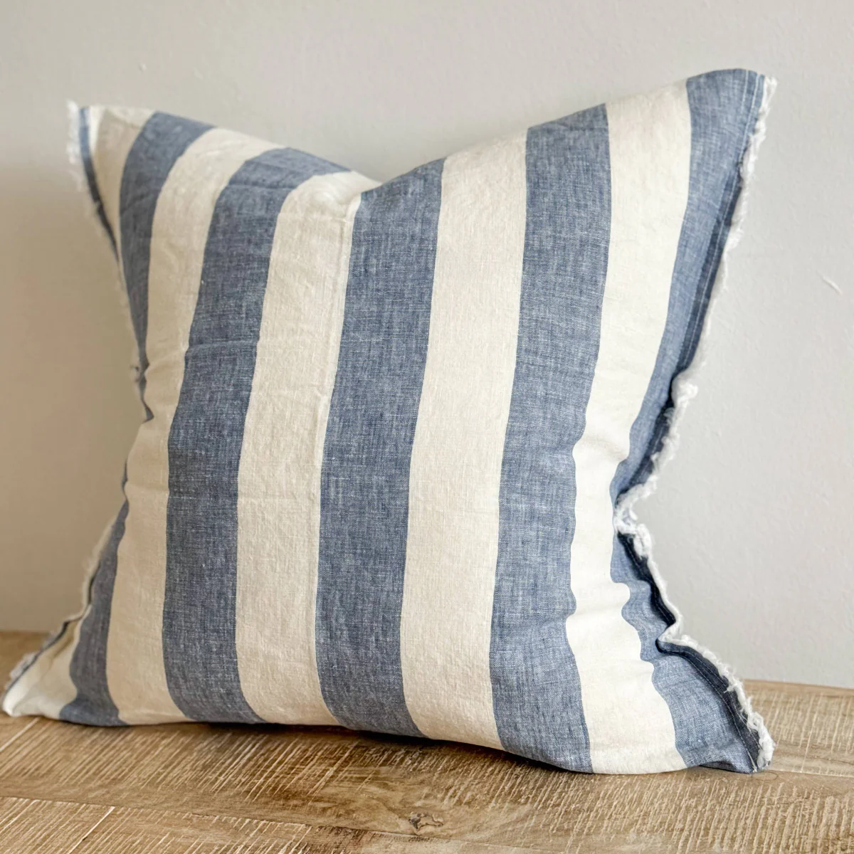 Esmee Fringed Linen Cushion Wide Blue Stripe 45 x 45 - Image 3