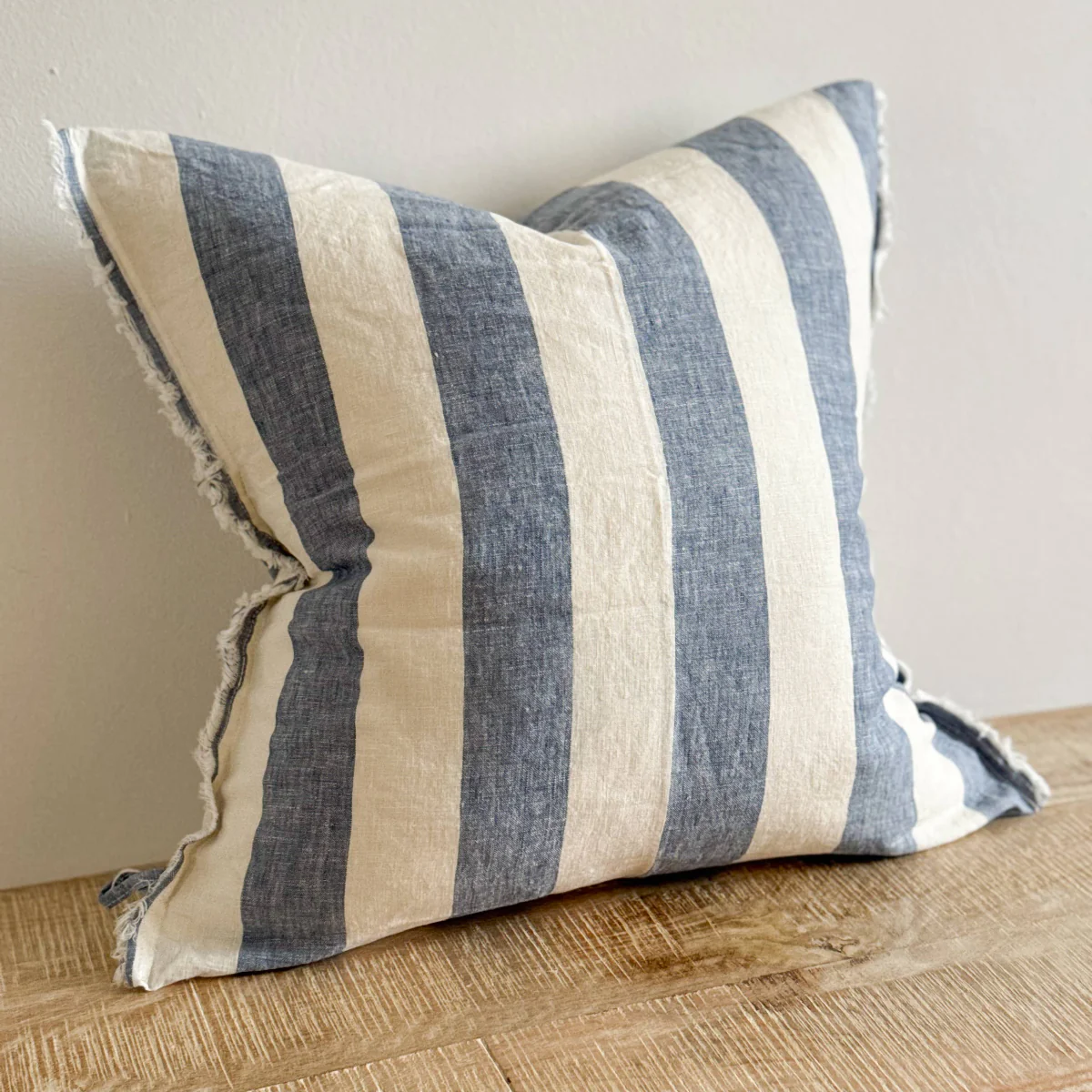 Esmee Fringed Linen Cushion Wide Blue Stripe 45 x 45 - Image 4