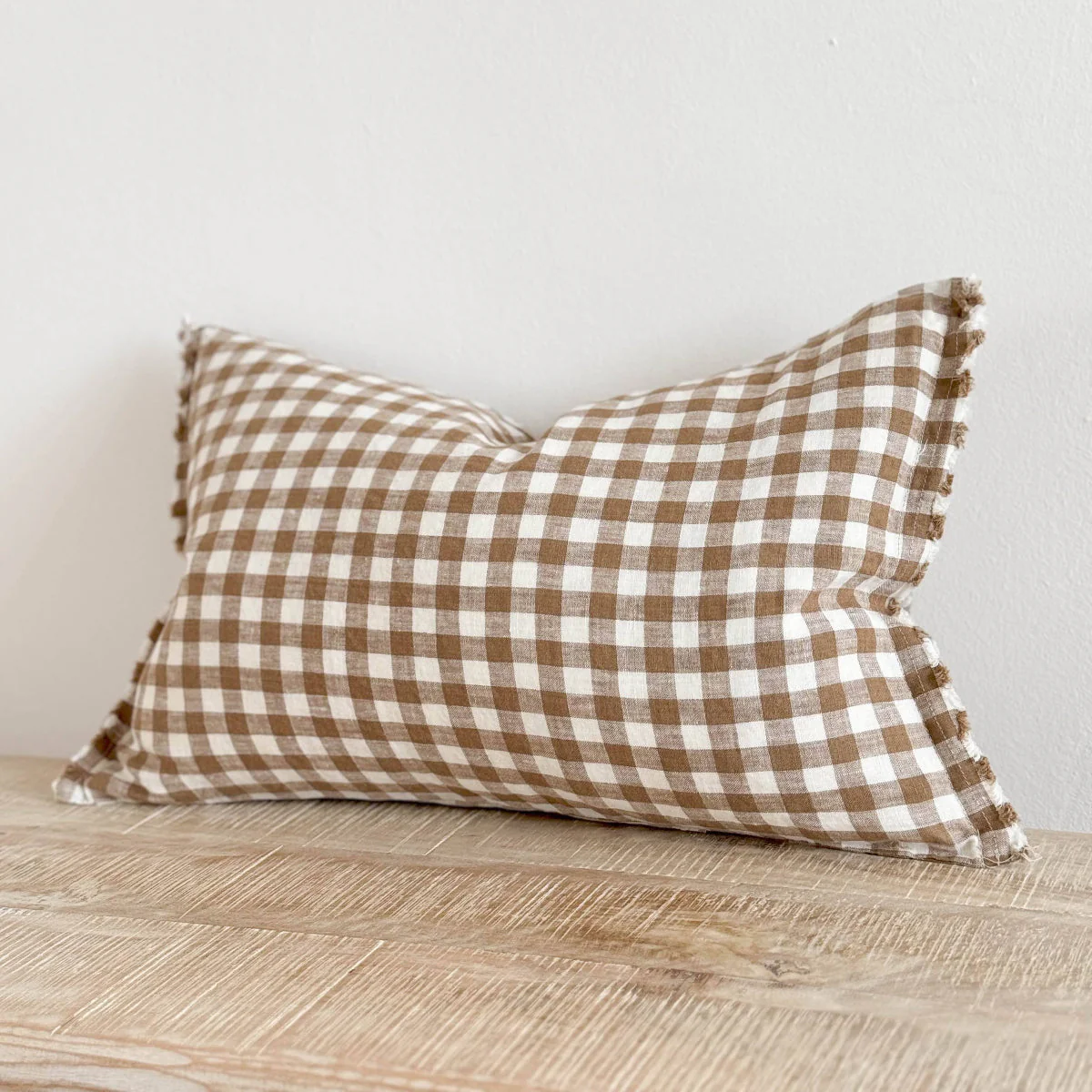 Esmee Fringed Linen Cushion 50x30 – Brown Gingham