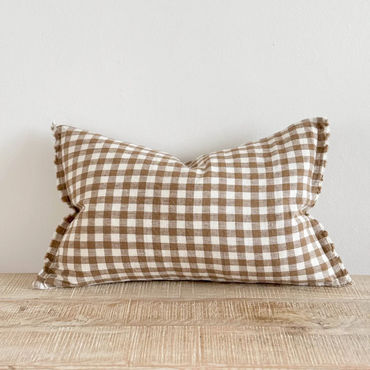 Esmee Fringed Linen Cushion 50x30 – Brown Gingham - Image 2
