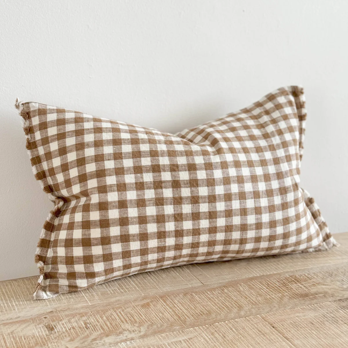 Esmee Fringed Linen Cushion 50x30 – Brown Gingham - Image 3