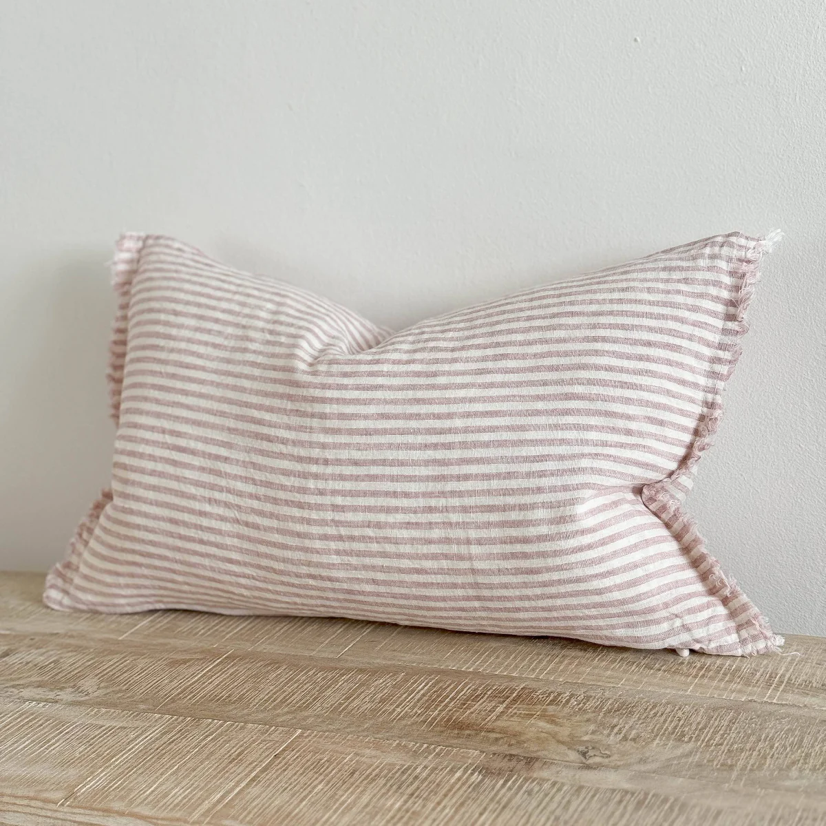 Esmee Fringed Linen Cushion 50x30 – Pink & Cream Stripe