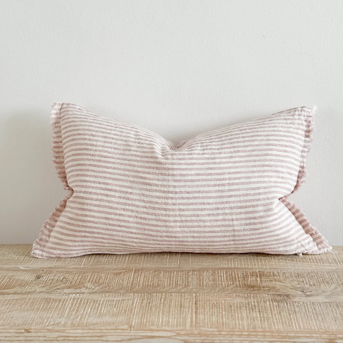 Esmee Fringed Linen Cushion 50x30 – Pink & Cream Stripe - Image 3