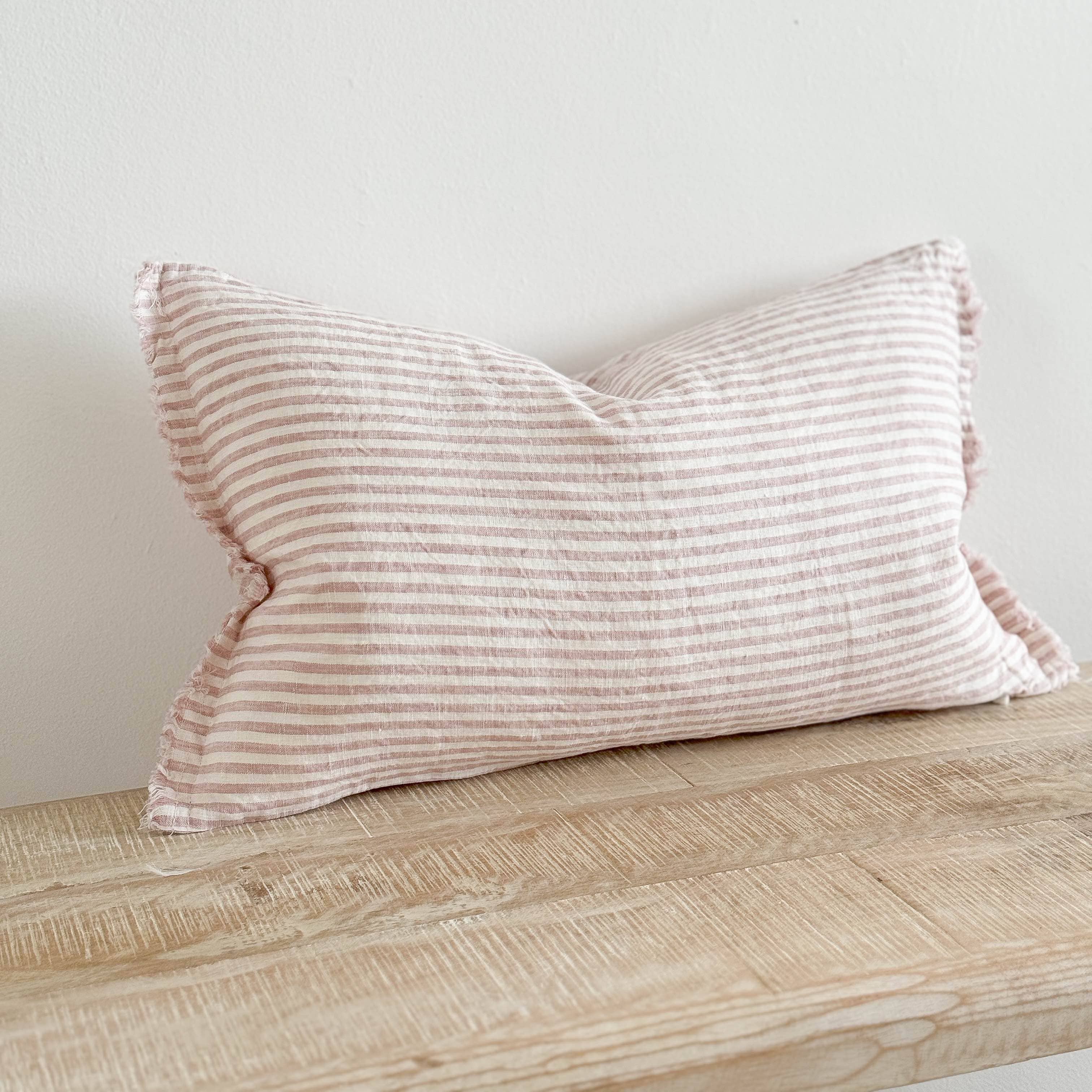 Esmee Fringed Linen Cushion 50x30 – Pink & Cream Stripe - Image 4