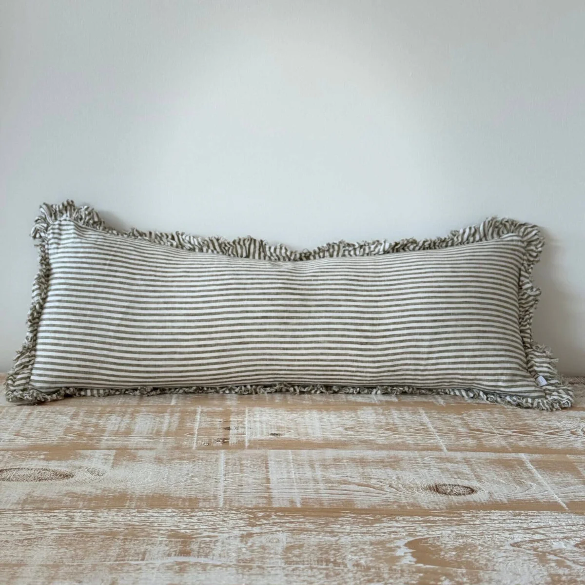 Hallie Bolster Linen Cushion  – Olive Stripe 80x30 - Image 2