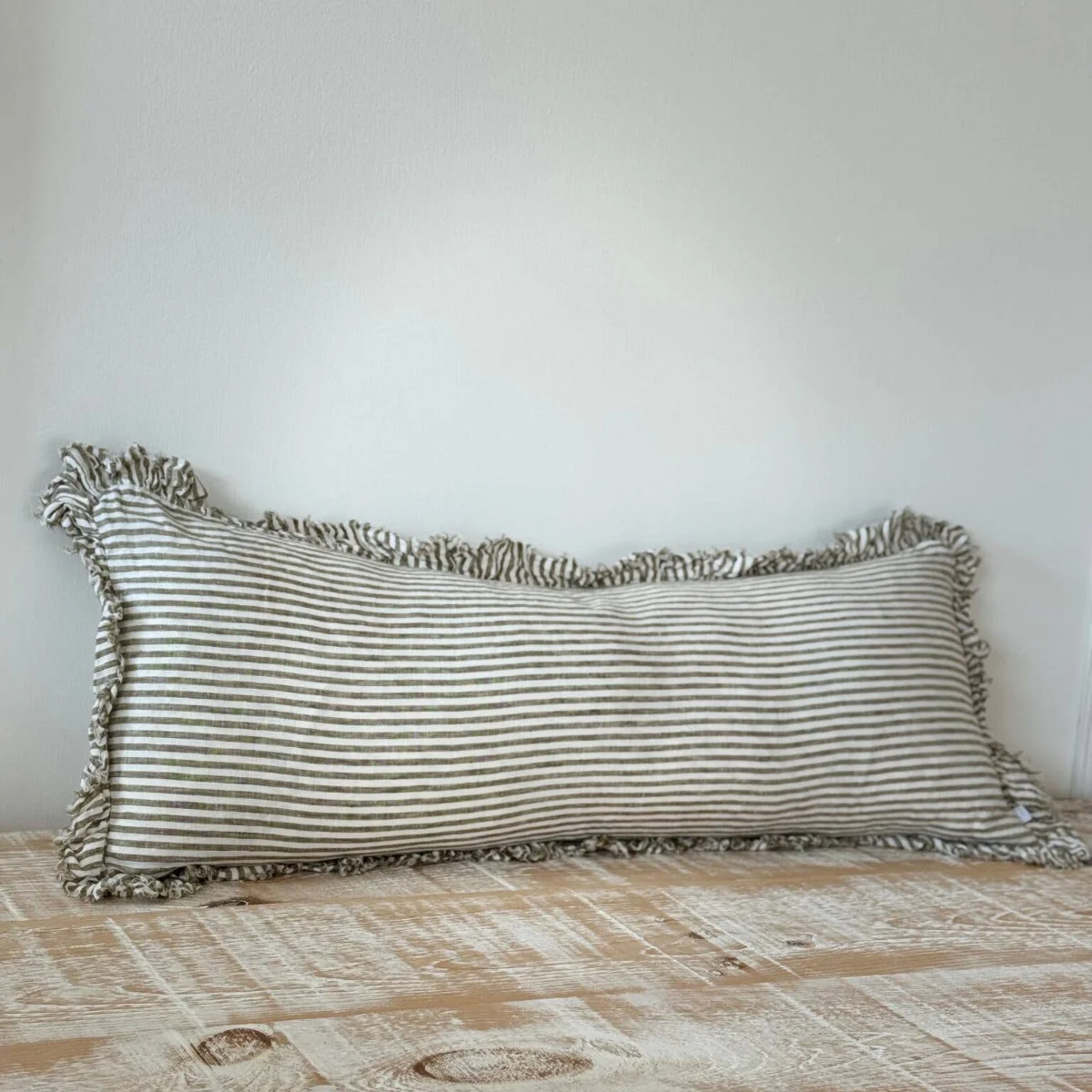 Hallie Bolster Linen Cushion  – Olive Stripe 80x30 - Image 3