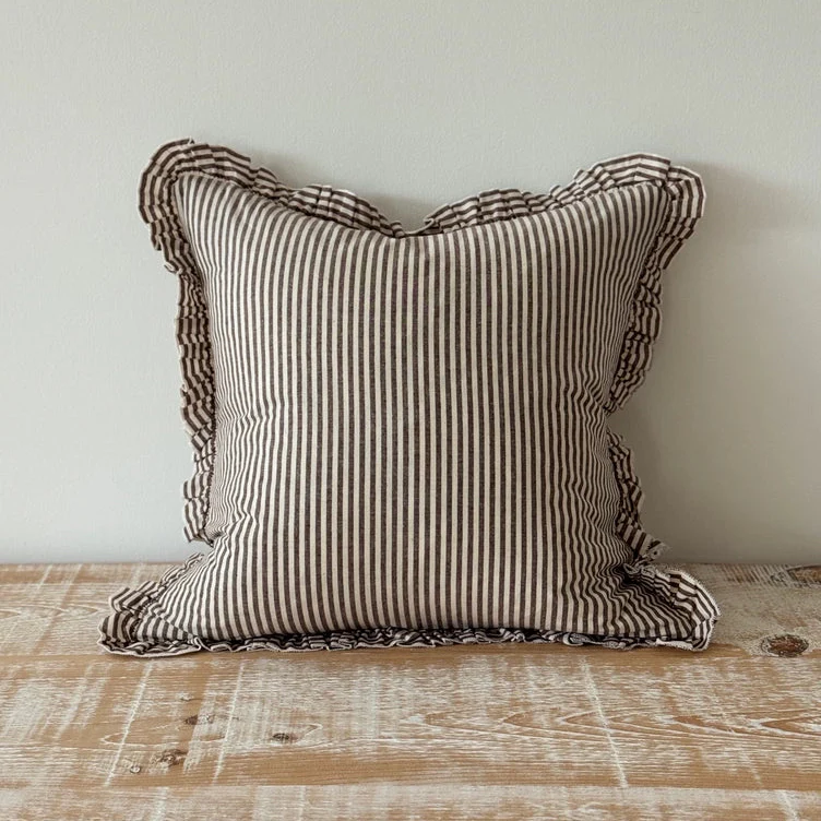 Darcy Ruffle Cotton Cushion 45x45 - Dark Brown Stripe