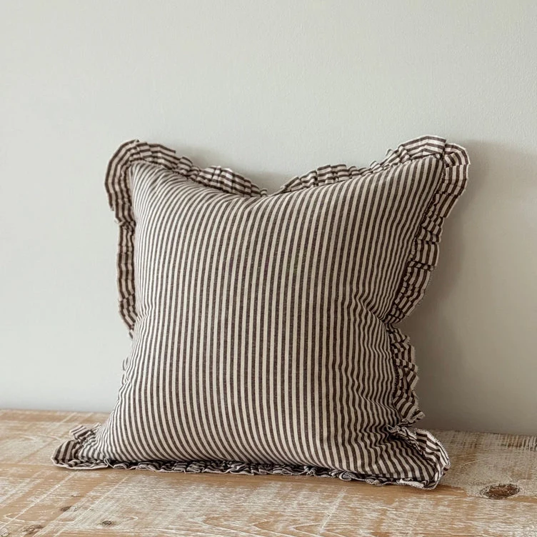 Darcy Ruffle Cotton Cushion 45x45 - Dark Brown Stripe - Image 2