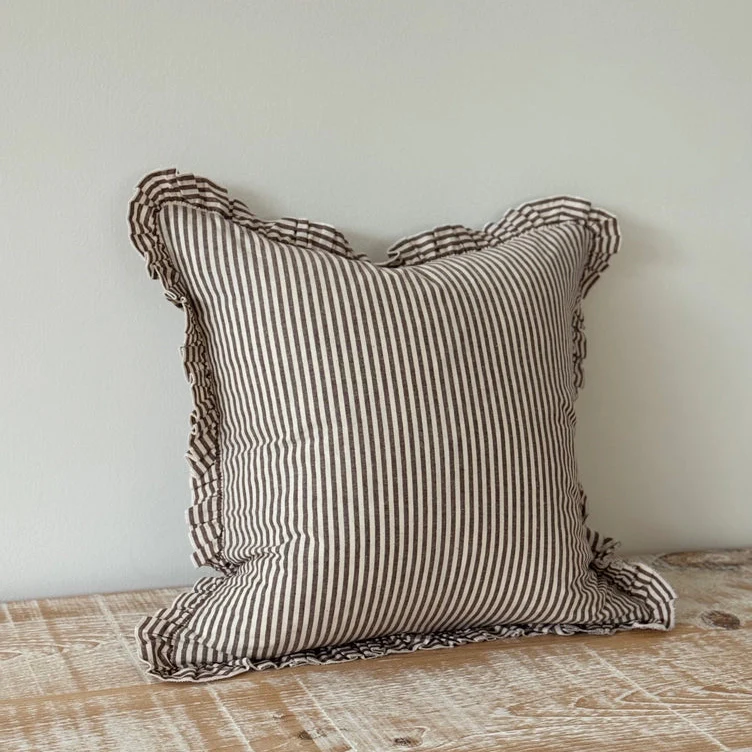 Darcy Ruffle Cotton Cushion 45x45 - Dark Brown Stripe - Image 3