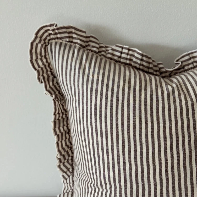 Darcy Ruffle Cotton Cushion 45x45 - Dark Brown Stripe - Image 4