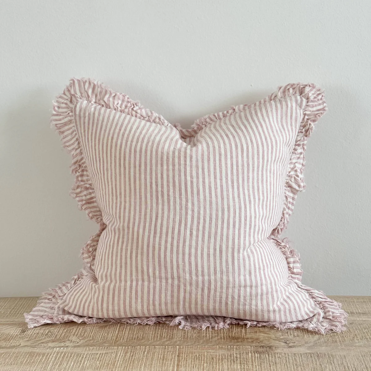 Hallie Ruffled Linen Cushion 45x45 – Pink Stripe
