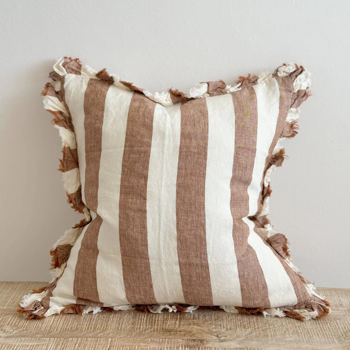 Hallie Ruffled Linen Cushion 45x45cm – Wide Rust Stripe