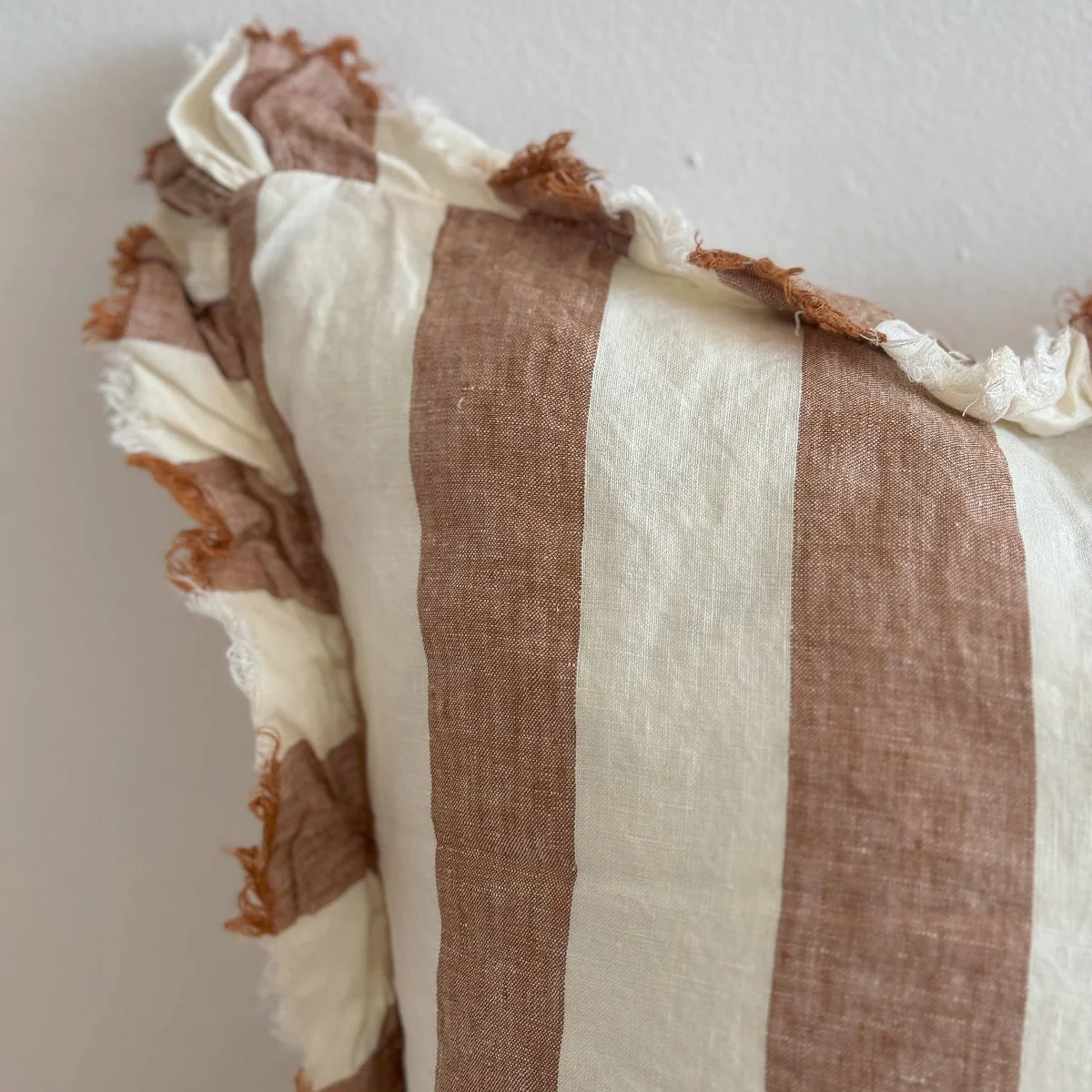 Hallie Ruffled Linen Cushion 45x45cm – Wide Rust Stripe - Image 2