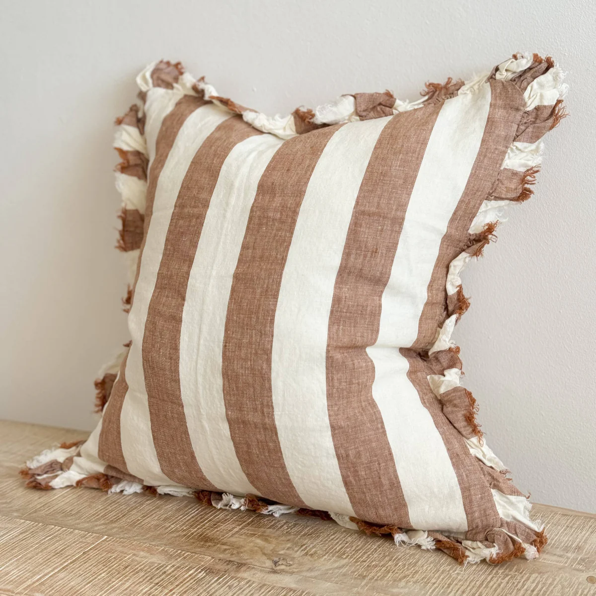 Hallie Ruffled Linen Cushion 45x45cm – Wide Rust Stripe - Image 3