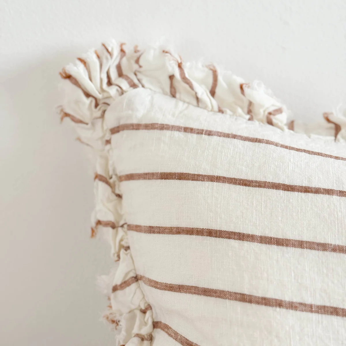 Hallie Ruffled Linen Cushion 50x30 – Brown & Cream Stripe - Image 2