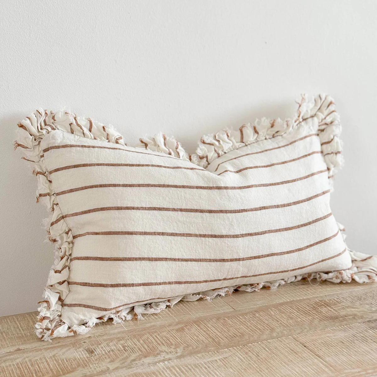 Hallie Ruffled Linen Cushion 50x30 – Brown & Cream Stripe - Image 3