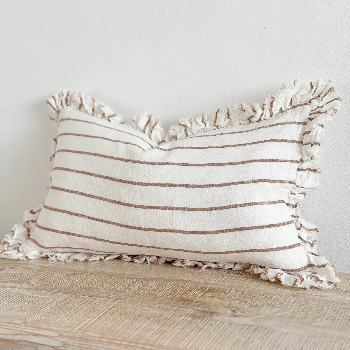 Hallie Ruffled Linen Cushion 50x30 – Brown & Cream Stripe - Image 4