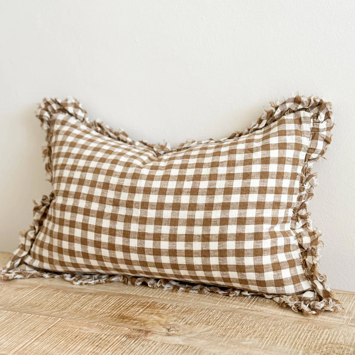 Hallie Ruffled Linen Cushion 50x30 – Brown Gingham - Image 3