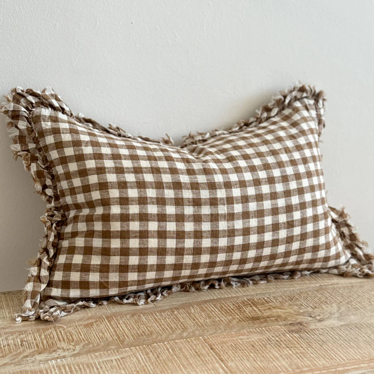 Hallie Ruffled Linen Cushion 50x30 – Brown Gingham - Image 4