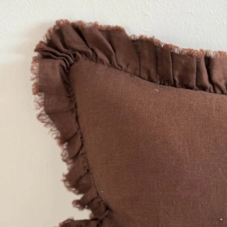 Hallie Ruffled Linen Cushion Cover 50x30 – Dark Brown - Image 2