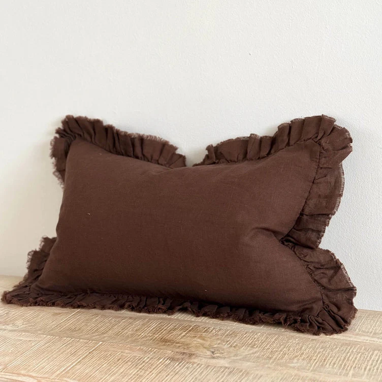 Hallie Ruffled Linen Cushion Cover 50x30 – Dark Brown - Image 3