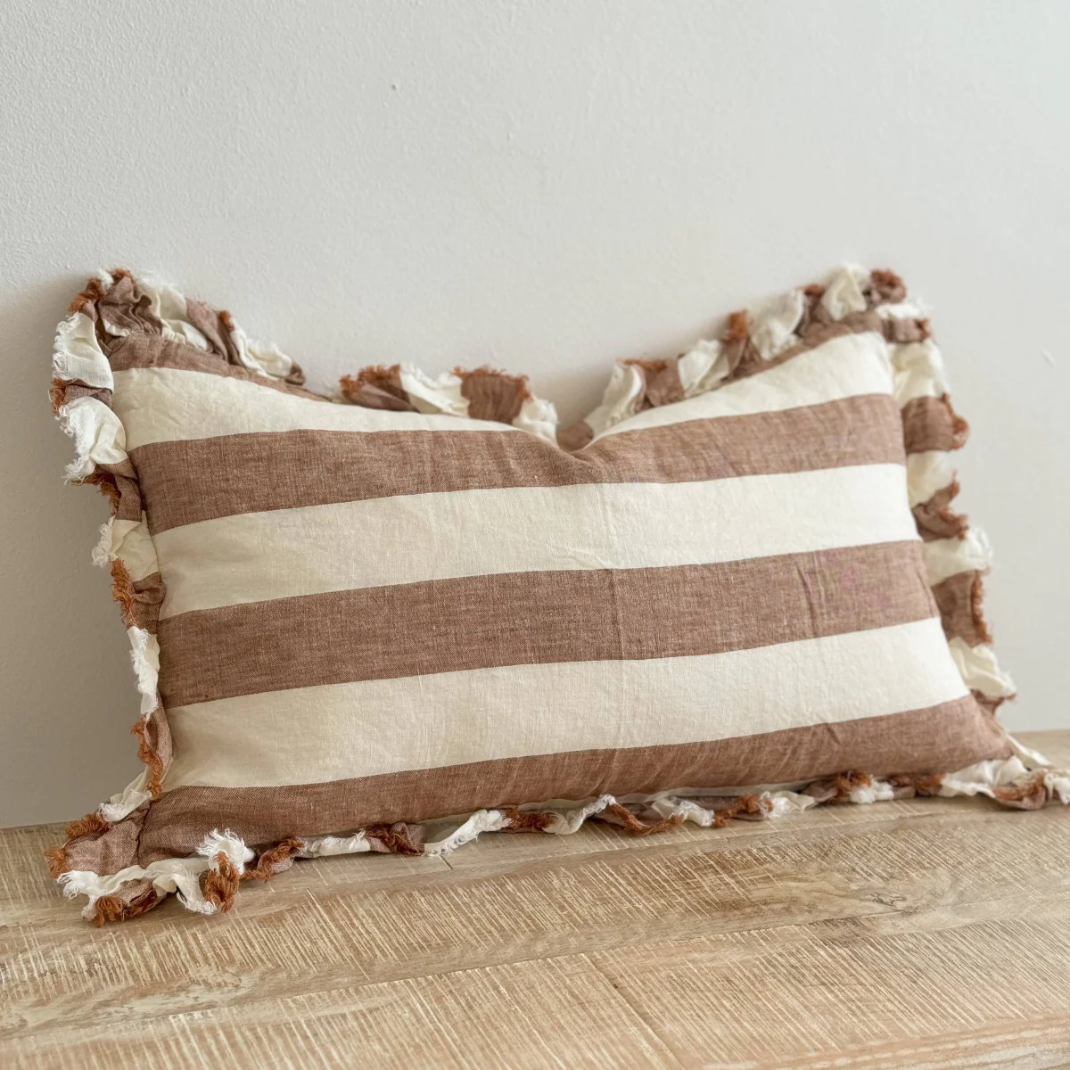 Hallie Ruffled Linen Cushion 50x30 – Rust Wide Stripe - Image 2