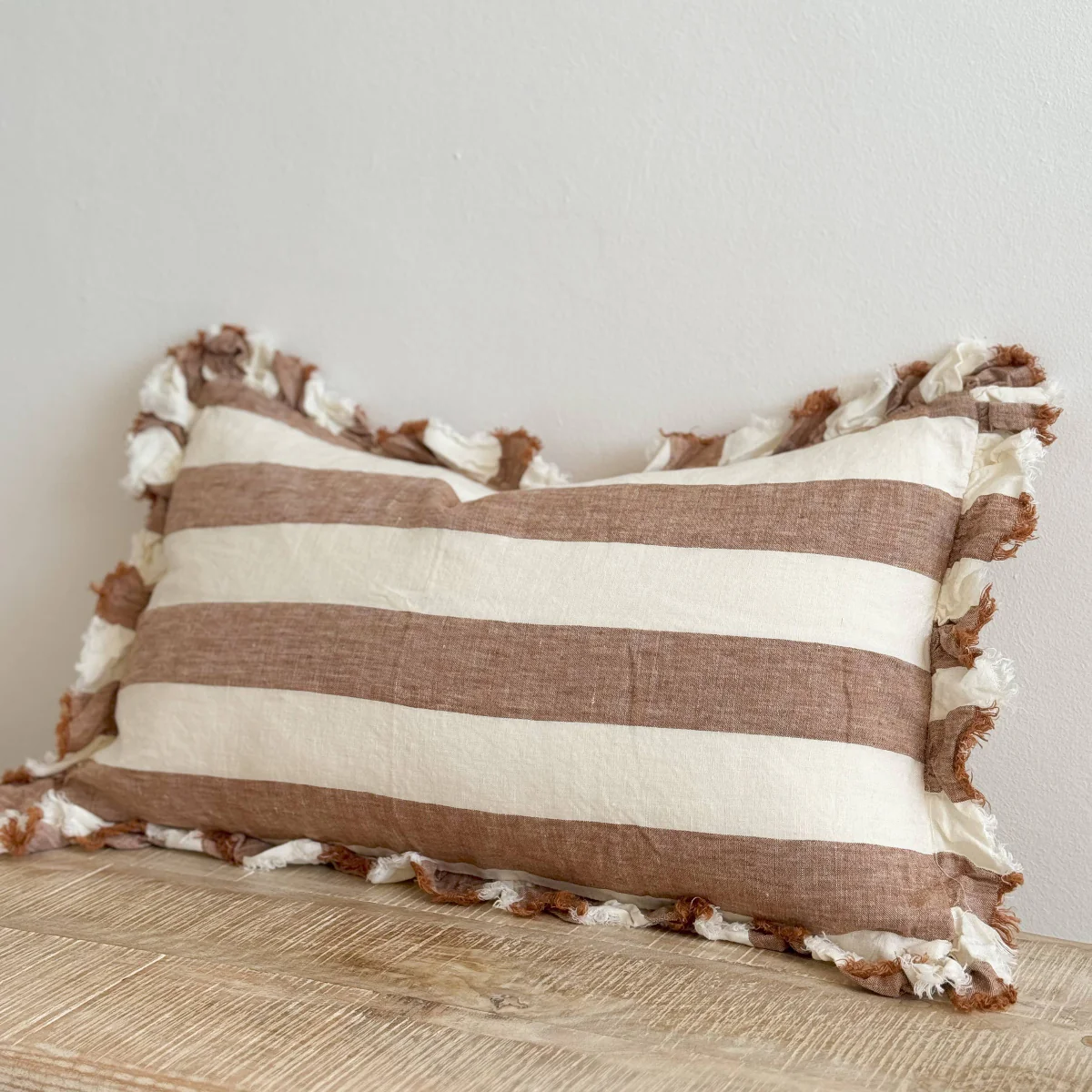 Hallie Ruffled Linen Cushion 50x30 – Rust Wide Stripe - Image 3