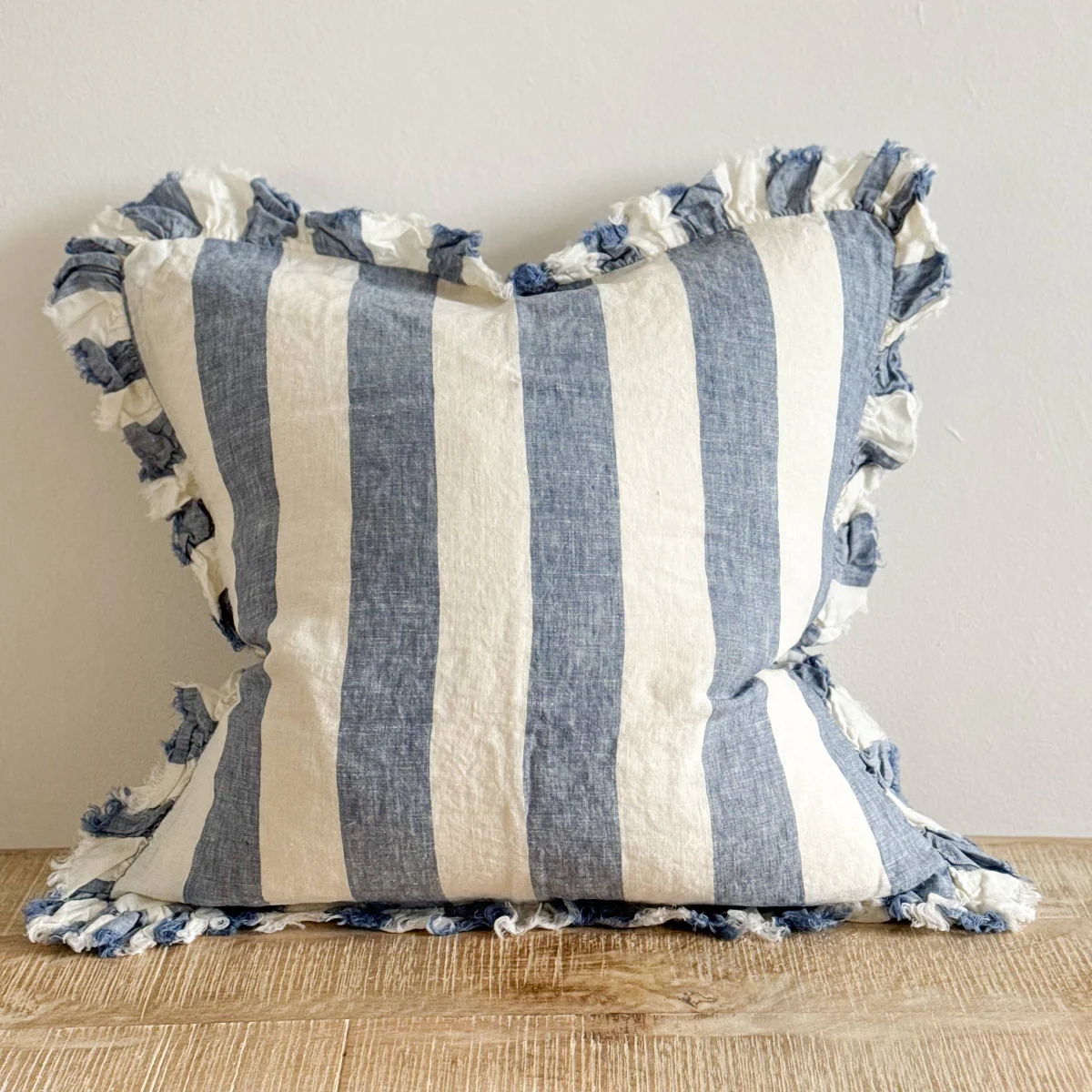 Hallie Ruffled Linen Cushion Blue Wide Stripe: 45 x 45 cm