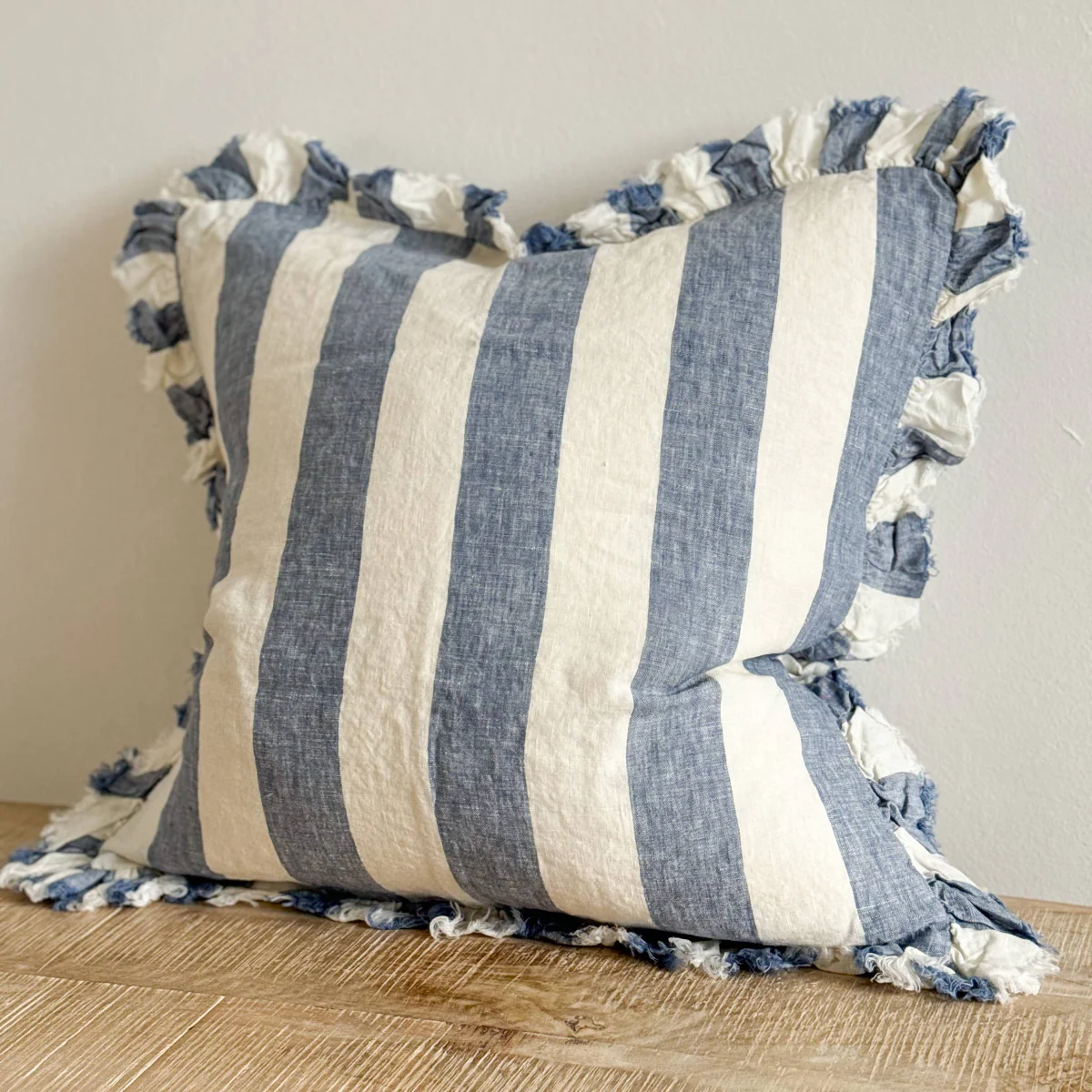 Hallie Ruffled Linen Cushion Blue Wide Stripe: 45 x 45 cm - Image 2