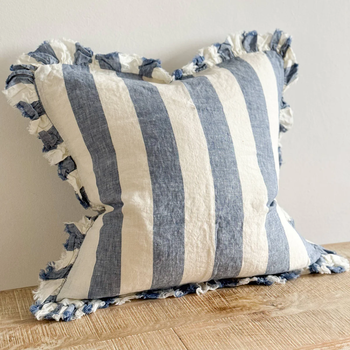 Hallie Ruffled Linen Cushion Blue Wide Stripe: 45 x 45 cm - Image 3