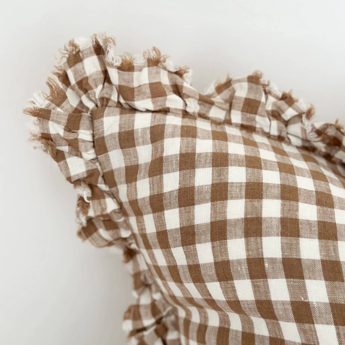 Hallie Ruffled Linen Cushion Brown Gingham 45cm x 45cm - Image 2