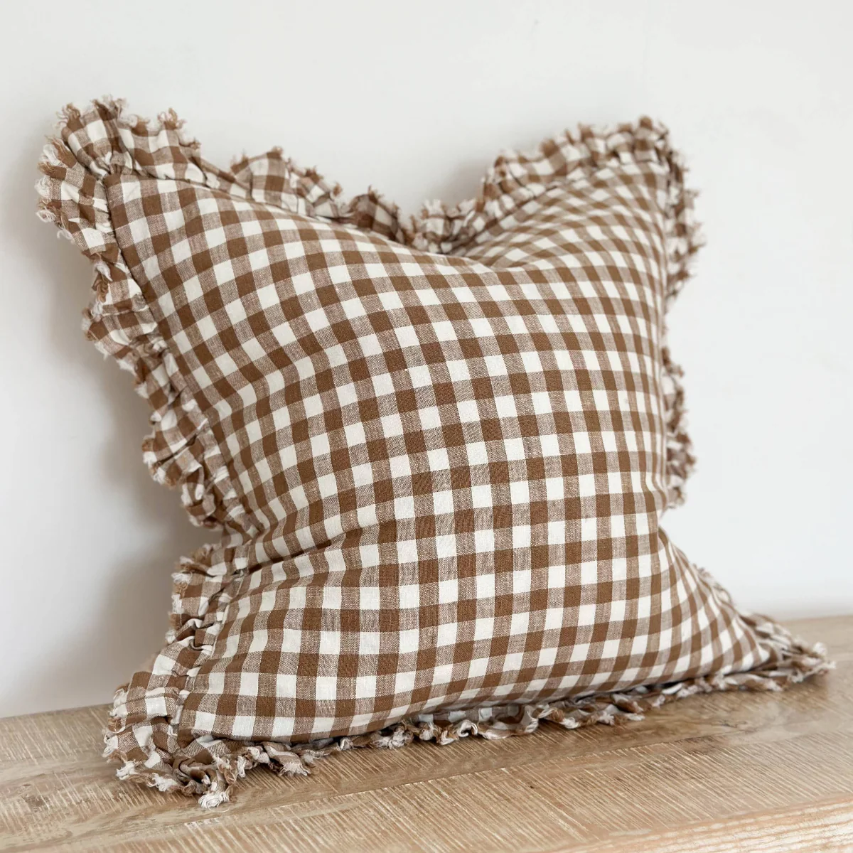 Hallie Ruffled Linen Cushion Brown Gingham 45cm x 45cm - Image 3