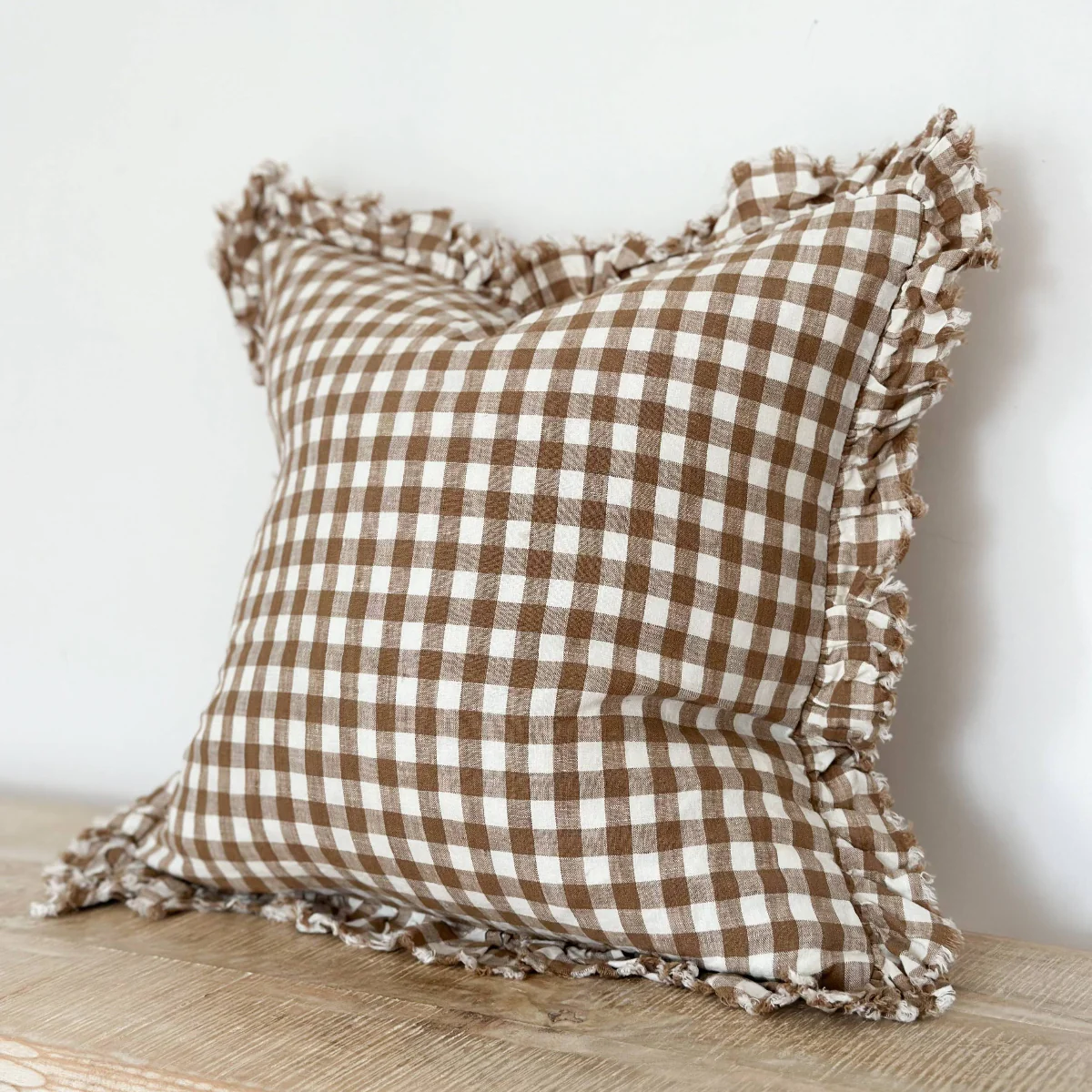 Hallie Ruffled Linen Cushion Brown Gingham 45cm x 45cm - Image 4