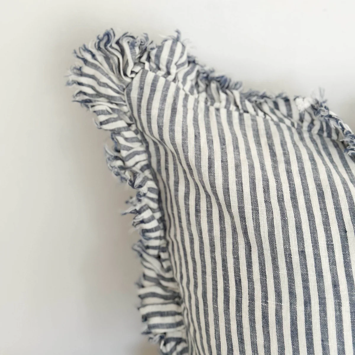 Hallie Ruffled Linen Cushion – Navy Stripe: 45 x 45 cm - Image 2