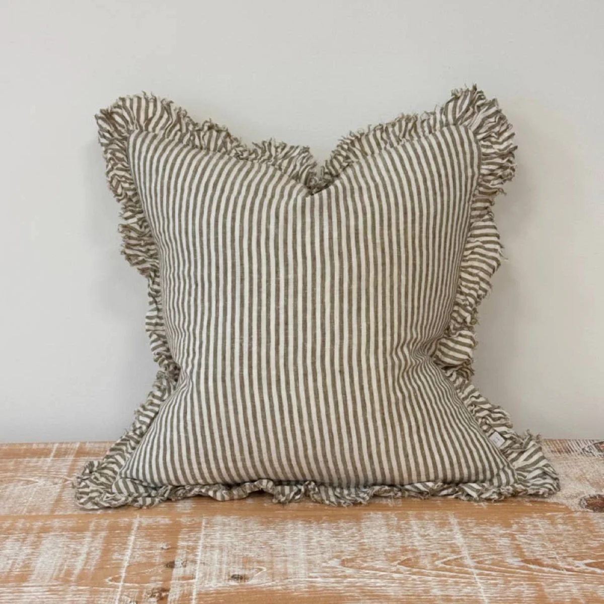 Hallie Ruffled Linen Cushion  – Olive Stripe: 53 x 53 cm